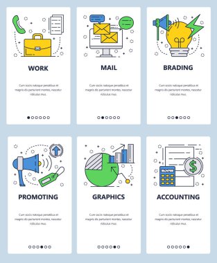 Vektör web sitesi doğrusal sanat onboarding ekranları şablonu. İşletme ve marka, muhasebe ve reklam simgeleri, pazarlama. Menü afiş Web sitesi ve mobil uygulama geliştirme için. Modern tasarım düz