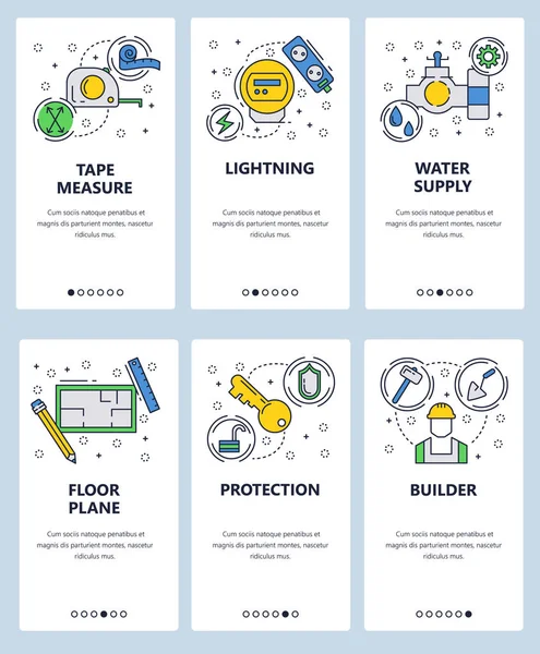 Vector web site arte linear onboarding telas modelo. Utilidades da casa, trabalhador da construção civil, planta do assoalho e serviços públicos da eletricidade. Bandeiras de menu para o desenvolvimento de sites e aplicativos móveis. Design moderno —  Vetores de Stock