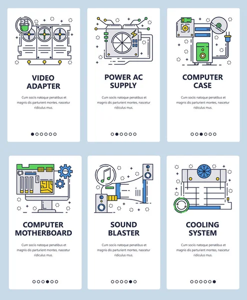 Vektor Lineáris Művészet Onboarding Képernyők Webhelysablonra Számítógépes Rendszer Alaplap Áramköri — Stock Vector