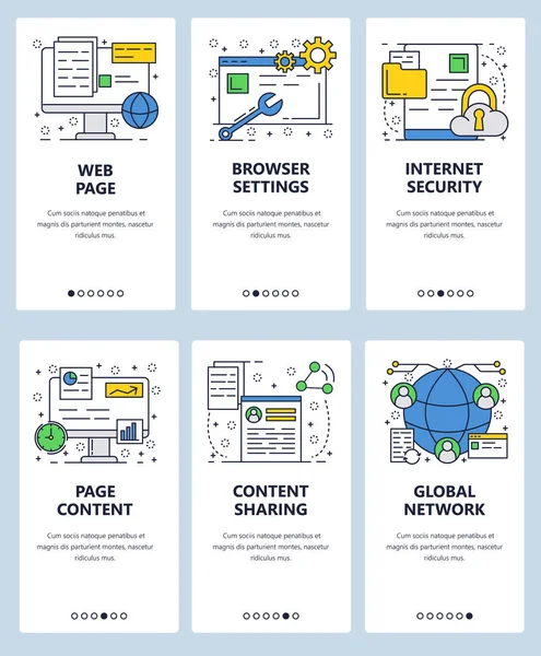 Vektor šablona webu lineární umění onboarding obrazovky. Webové stránky obsahu, internet a nastavení zabezpečení prohlížeče. Nabídka bannery pro webové stránky a vývoj mobilních aplikací. Moderní design flat ilustrace. — Stockový vektor