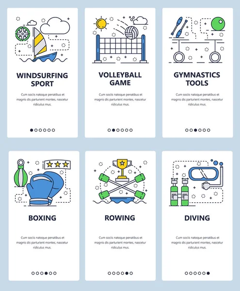 Vector web site linear art onboarding screens template. Sport icons, volleyball, canoeing, windsurfing, scuba diving and boxing. Menu banners for website and mobile app development. Modern design flat