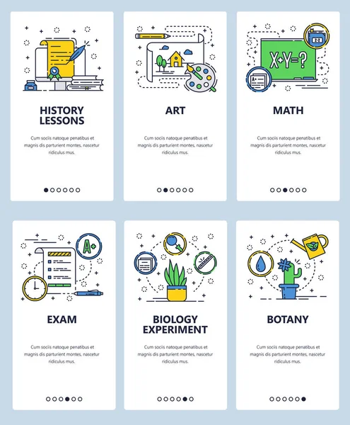 Szablon wektor witryny sieci web sztuki liniowy onboarding ekrany. Przedmioty kształcenia w szkole. Sztuka, historia, matematyka, biologia testy i lekcje. Menu banery na stronie internetowej oraz tworzenia aplikacji mobilnych. Nowoczesny design — Wektor stockowy