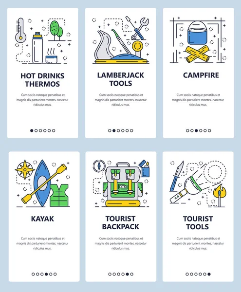 Vector lineaire kunst doordat schermen websitesjabloon. Buiten camping tools. Kajak, kampvuur, rugzak. Menu banners voor website en mobiele app ontwikkeling. Moderne design vlakke afbeelding. — Stockvector