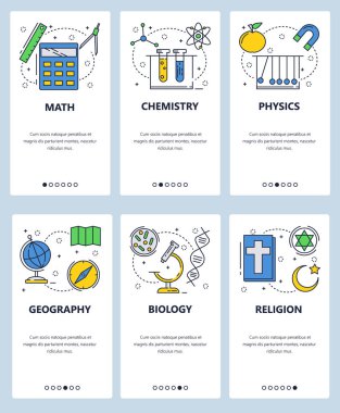 Vektör web sitesi doğrusal sanat onboarding ekranları şablonu. Derslerde, matematik, fizik, biyoloji, araştırmalar, biyoloji. Menü afiş Web sitesi ve mobil uygulama geliştirme için. Modern düz tasarlamak