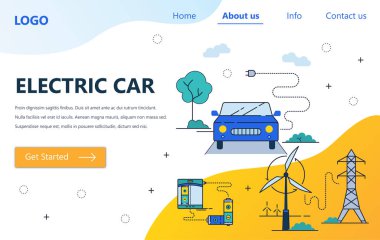 Vektör web sitesi doğrusal çizimleri tasarım şablonu. Elektrikli araba ve rüzgar türbini güç kaynağı. Web sitesi ve mobil geliştirme için açılış sayfası kavramları. Modern düz illüstrasyon.