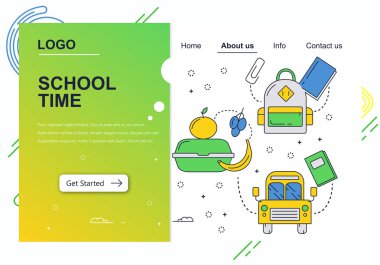 Vektör web sitesi doğrusal çizimleri tasarım şablonu. Okul otobüsü ve öğle yemeği molası. Okul sırt çantası. Web sitesi ve mobil geliştirme için açılış sayfası kavramları. Modern düz illüstrasyon.