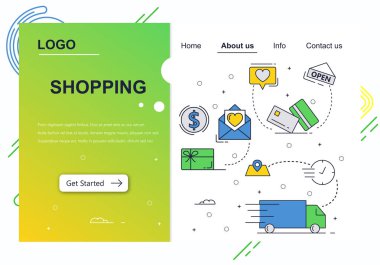 Vektör web sitesi doğrusal çizimleri tasarım şablonu. Online alışveriş, para ödeme ve paket teslimat. Web sitesi ve mobil geliştirme için açılış sayfası kavramları. Modern düz illüstrasyon.