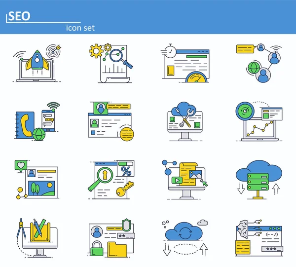 Conjunto vectorial de optimización SEO y marketing online digital. Servicios en línea, almacenamiento en la nube y redes sociales. iconos en estilo de línea delgada. UI del sitio web y el icono de la aplicación web móvil. Diseño del esquema — Vector de stock