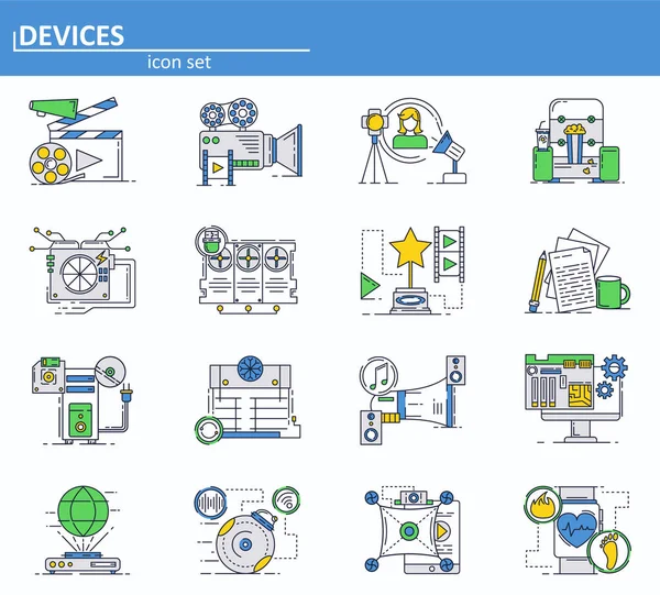 Vector set van computer hardware devces en film productie iconen in dunne lijnstijl. Gebruikersinterface van website en mobiele web app pictogram. Overzicht ontwerp illustratie. — Stockvector