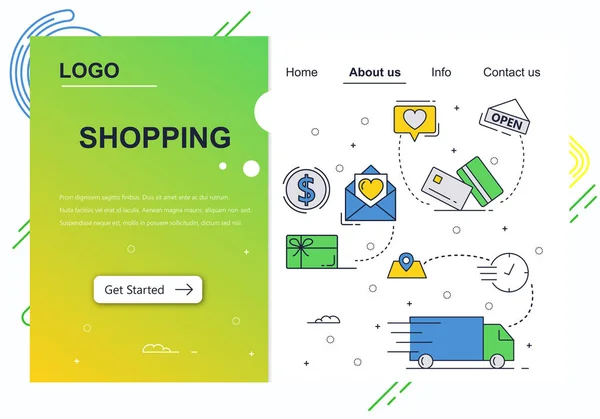 ベクター web サイト線形アート デザイン テンプレートです。オンライン ショッピングやお金の支払いとパッケージ配信。ウェブサイトやモバイル開発の着陸ページ概念。モダンなフラット図. — ストックベクタ