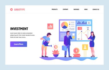 Vektör web sitesi degrade tasarım şablonu. İş yatırım ve yatırım getirisi mali rapor. Web sitesi ve mobil geliştirme için açılış sayfası kavramları. Modern düz illüstrasyon.