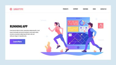 Vektör web sitesi degrade tasarım şablonu. Fitness izci ve açılış sayfası kavramları Web sitesi ve mobil geliştirme için cep telefonu app. koşma. Modern düz illüstrasyon.