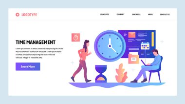 Vektör web sitesi tasarım şablonu. Zaman yönetimi kavramı. İş projesi son tarihi ve zamanlama. Web sitesi ve mobil geliştirme için açılış sayfası kavramları. Modern düz illüstrasyon.