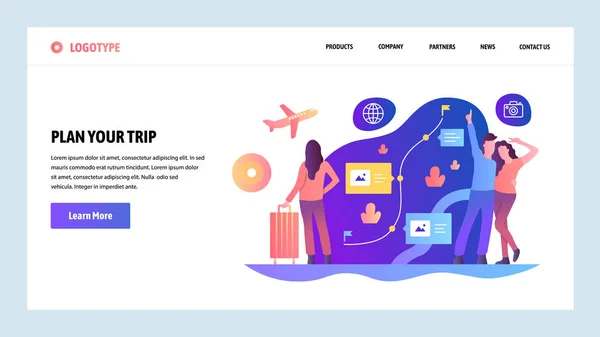 Modèle de conception de site Web vectoriel. Planifiez votre voyage et partez en voyage. Itinéraire et réservation. Concepts de page d'atterrissage pour le développement de site Web et mobile. Illustration plate moderne . — Image vectorielle