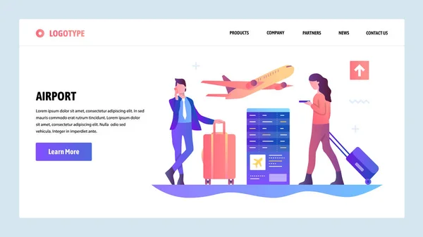 Modelo de design gradiente web site vetorial. Terminal do aeroporto e passageiros à espera de voo. Conceitos de landing page para website e desenvolvimento móvel. Ilustração plana moderna . — Vetor de Stock