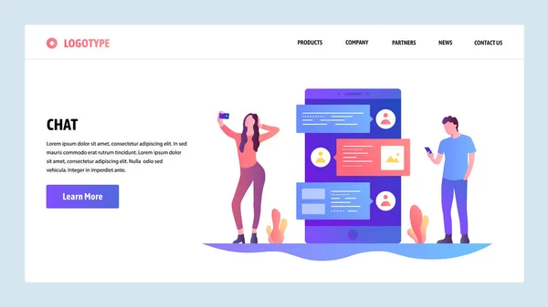Plantilla de diseño del sitio web del vector. Chat de Internet en línea y aplicación de mensajería de teléfono móvil. La gente habla por teléfono por sms. Conceptos de landing page para desarrollo web y móvil. Ilustración plana moderna . — Vector de stock
