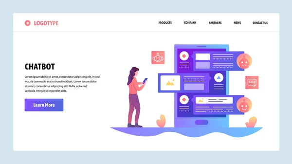 Vector web site design template. AI online chat bot and customer support service. Landing page concepts for website and mobile development. Modern flat illustration. — Stock Vector