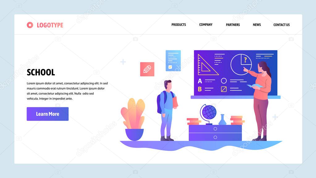 Vector web site design template. School education. Teacher gives lesson to pupil. Landing page concepts for website and mobile development. Modern flat illustration.