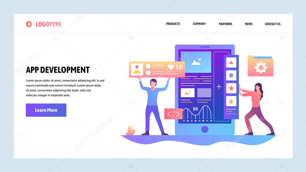 Vector web site gradient design template. Coding and software app development. Landing page concepts for website and mobile development. Modern flat illustration.