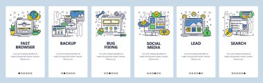 Vektör web sitesi doğrusal sanat onboarding ekranları şablonu. Sosyal medya ağı, sörf İnternet ve bilgisayar veri yedekleme. Menü afiş Web sitesi ve mobil uygulama geliştirme için. Modern tasarım düz