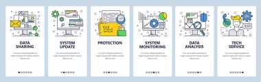 Vektör web sitesi doğrusal sanat onboarding ekranları şablonu. Bilgisayar Hizmetleri veri güncelleştirme, analiz ve paylaşımı. Menü afiş Web sitesi ve mobil uygulama geliştirme için. Modern düz tasarlamak.