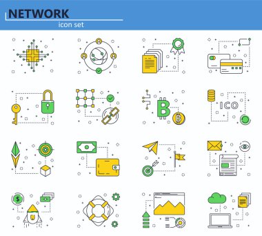 İnce çizgi stili blockchain teknoloji ve cryptocurrency simgeler vektör kümesi. Bitcoin, ethereum, ICO. Web sitesi kullanıcı arayüzü ve mobil web app simgesi. Anahat tasarlamak.