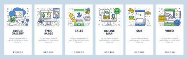 Vektör web sitesi doğrusal sanat onboarding ekranları şablonu. Cep telefonu online hizmetler, bulut eşitleme, aramalar, navigasyon haritası ve iletileri. Menü afiş Web sitesi ve mobil uygulama geliştirme için. Modern tasarım