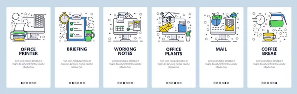 Vector web site arte linear onboarding telas modelo. Escritório e negócios. Bandeiras de menu para o desenvolvimento de sites e aplicativos móveis. Design moderno ilustração plana . —  Vetores de Stock