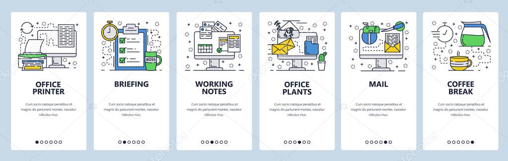 Vector web site linear art onboarding screens template. Office and business. Menu banners for website and mobile app development. Modern design flat illustration.