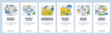 Vektör web sitesi doğrusal sanat onboarding ekranları şablonu. Siber güvenlik, gizlilik ve güvenli kablosuz erişim. Gizli ve gizli bilgi. Menü afiş Web sitesi ve mobil uygulama geliştirme için