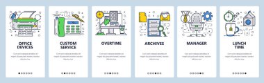 Vektör web sitesi doğrusal sanat onboarding ekranları şablonu. İş ofis aksesuarları, yazıcı, Resepsiyon, sandalye. Menü afiş Web sitesi ve mobil uygulama geliştirme için. Modern düz tasarlamak.