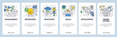 Vektör web sitesi doğrusal sanat onboarding ekranları şablonu. Bilgi, eğitim, beyin ve beceri geliştirme. Menü afiş Web sitesi ve mobil uygulama geliştirme için. Modern düz tasarlamak.