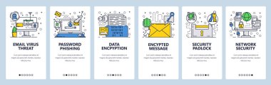 Vektör web sitesi doğrusal sanat onboarding ekranları şablonu. Internet cyber güvenlik ve e-posta scam. Virüs koruması ve veri şifreleme. Menü afiş Web sitesi ve mobil uygulama geliştirme için. Modern tasarım