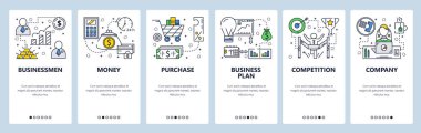 Vektör web sitesi doğrusal sanat onboarding ekranları şablonu. İş planı ve Şirket para akışı. Menü afiş Web sitesi ve mobil uygulama geliştirme için. Modern düz tasarlamak.