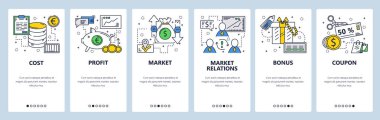 Vektör web sitesi doğrusal sanat onboarding ekranları şablonu. Para akışı ve şirket maliyet, kar ve gelir. Menü afiş Web sitesi ve mobil uygulama geliştirme için. Modern düz tasarlamak.