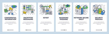 Vektör web sitesi doğrusal sanat onboarding ekranları şablonu. Şifreli Apps mesajlaşma, kesmek ve siber güvenlik. Menü afiş Web sitesi ve mobil uygulama geliştirme için. Modern düz tasarlamak.
