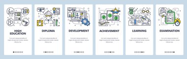 Vektör web sitesi doğrusal sanat onboarding ekranları şablonu. Lise ve üniversite eğitimi. Menü afiş Web sitesi ve mobil uygulama geliştirme için. Modern düz tasarlamak