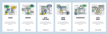 Vektör web sitesi doğrusal sanat onboarding ekranları şablonu. Web geliştirme, kodlama ve test, site haritası, hız testi. Menü afiş Web sitesi ve mobil uygulama geliştirme için. Modern düz tasarlamak.