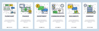 Vektör web sitesi doğrusal sanat onboarding ekranları şablonu. Ofis Binası, iş tanıtım amd para akış çizelgesi. Menü afiş Web sitesi ve mobil uygulama geliştirme için. Modern düz tasarlamak