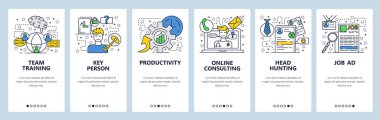 Vektör web sitesi doğrusal sanat onboarding ekranları şablonu. Merkez avcılık ve iş reklam. Menü afiş Web sitesi ve mobil uygulama geliştirme için. Modern düz tasarlamak.