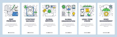 Vektör web sitesi doğrusal sanat onboarding ekranları şablonu. Borç sorunları ve risk yönetimi. Menü afiş Web sitesi ve mobil uygulama geliştirme için. Modern düz tasarlamak.