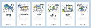 Vektör web sitesi doğrusal sanat onboarding ekranları şablonu. Grafik tasarım ve sanat, video üretim ve testleri. Menü afiş Web sitesi ve mobil uygulama geliştirme için. Modern düz tasarlamak.