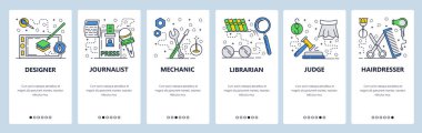 Vektör web sitesi doğrusal sanat onboarding ekranları şablonu. Farklı iş ve meslekler. Tasarımcısı, makinist, Yargıç, gazeteci. Menü afiş Web sitesi ve mobil uygulama geliştirme için. Modern tasarım düz