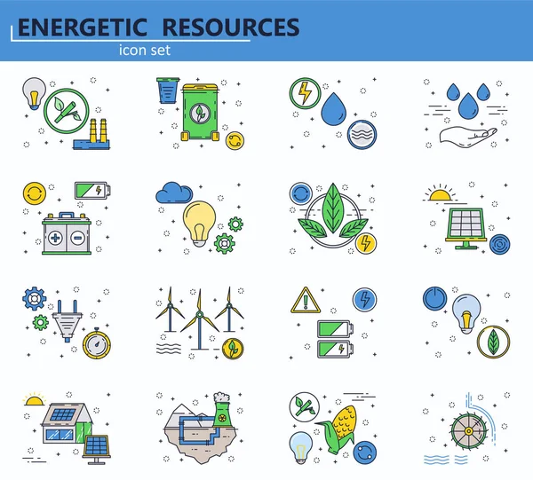 Vector set of renewable energy sources and power plants icons in thin line style. Ecology and green energy. Website UI and mobile web app icon. Outline design illustration. — 图库矢量图片