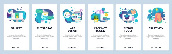 Vector doordat schermen websitesjabloon. Het ontwerpen van creatieve tools en software. Mobiele app voor online berichten en pagina stichten niet vergissing. Menu banners voor website en mobiele app ontwikkeling. Moderne — Stockvector