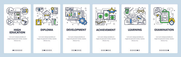 Vector web site linear art onboarding screens template. High school and college education. Menu banners for website and mobile app development. Modern design flat illustration