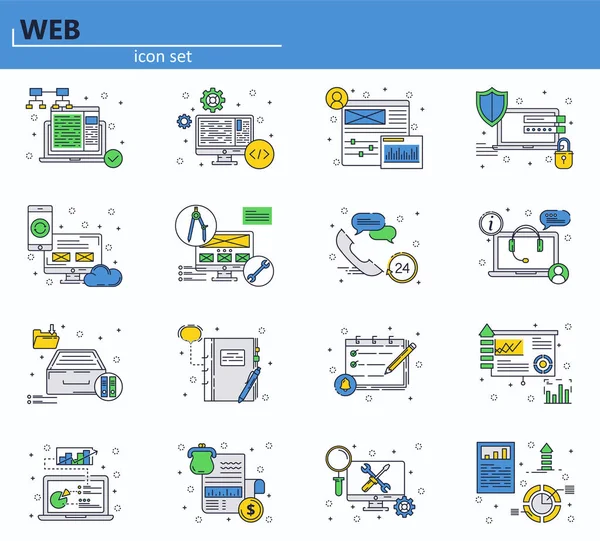 Vector set van web ontwikkeling en office-pictogrammen in dunne lijnstijl. Gebruikersinterface van website en mobiele web app pictogram. Overzicht ontwerp illustratie. — Stockvector