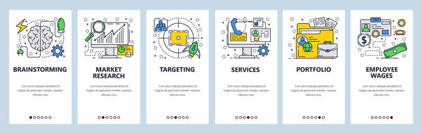 Vector web site linear art onboarding screens template. Market research, targeting and services. Menu banners for website and mobile app development. Modern design flat illustration.