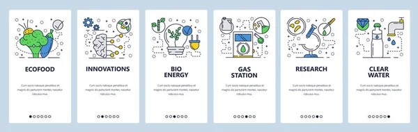 Vector lineaire kunst doordat schermen websitesjabloon. Biologische voeding, ecologie innovaties, bio-energie en helder water. Menu banners voor website en mobiele app ontwikkeling. Moderne design flat — Stockvector