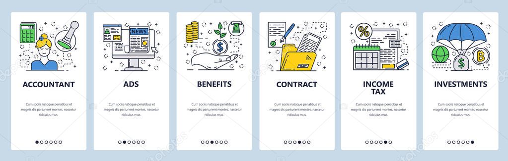 Vector web site linear art onboarding screens template. Accounting, income tax, money investment. Menu banners for website and mobile app development. Modern design flat illustration.